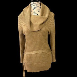 I.N. San Francisco Gold Glitter Cowl neck sweater with waist defining belt. SZ M